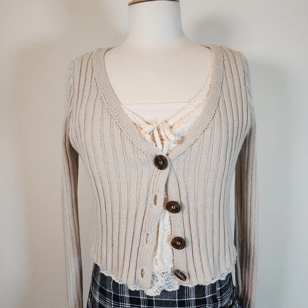 RSQ Collective Knit Cardigan Sweater‎ Women's L Brown Buttons Ribbed Beige Top